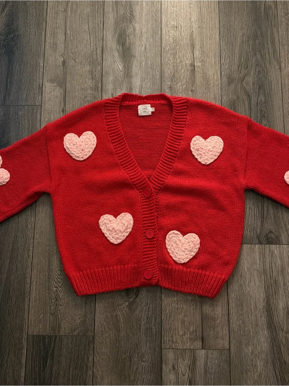 Red V-Neck Cardigan with Pink Heart Appliqués